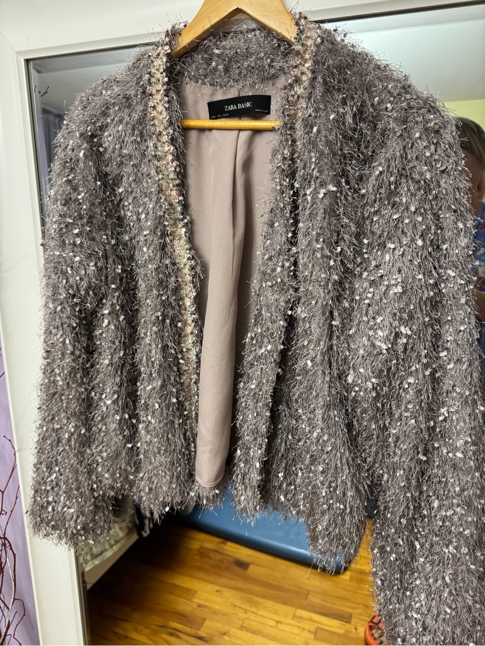 Zara Fuzzy Metallic-Thread Open Cardigan in Taupe Gray